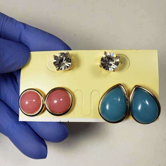 Set of 3 Gold tone Pink, Blue & Crystal Stud Earrings - Women's Fashion Jewelry - Picture 9 of 9